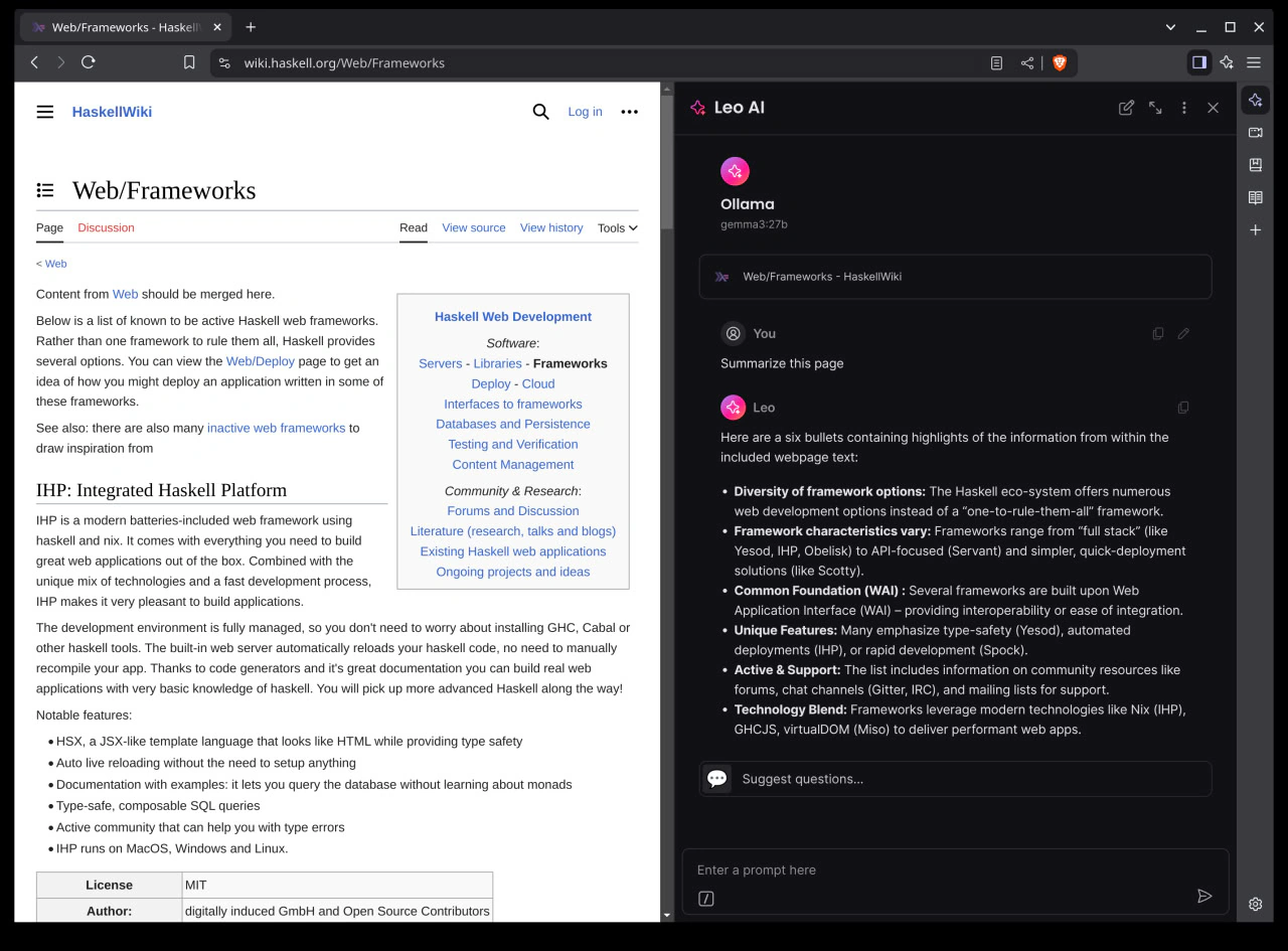 Ollama работает в Brave