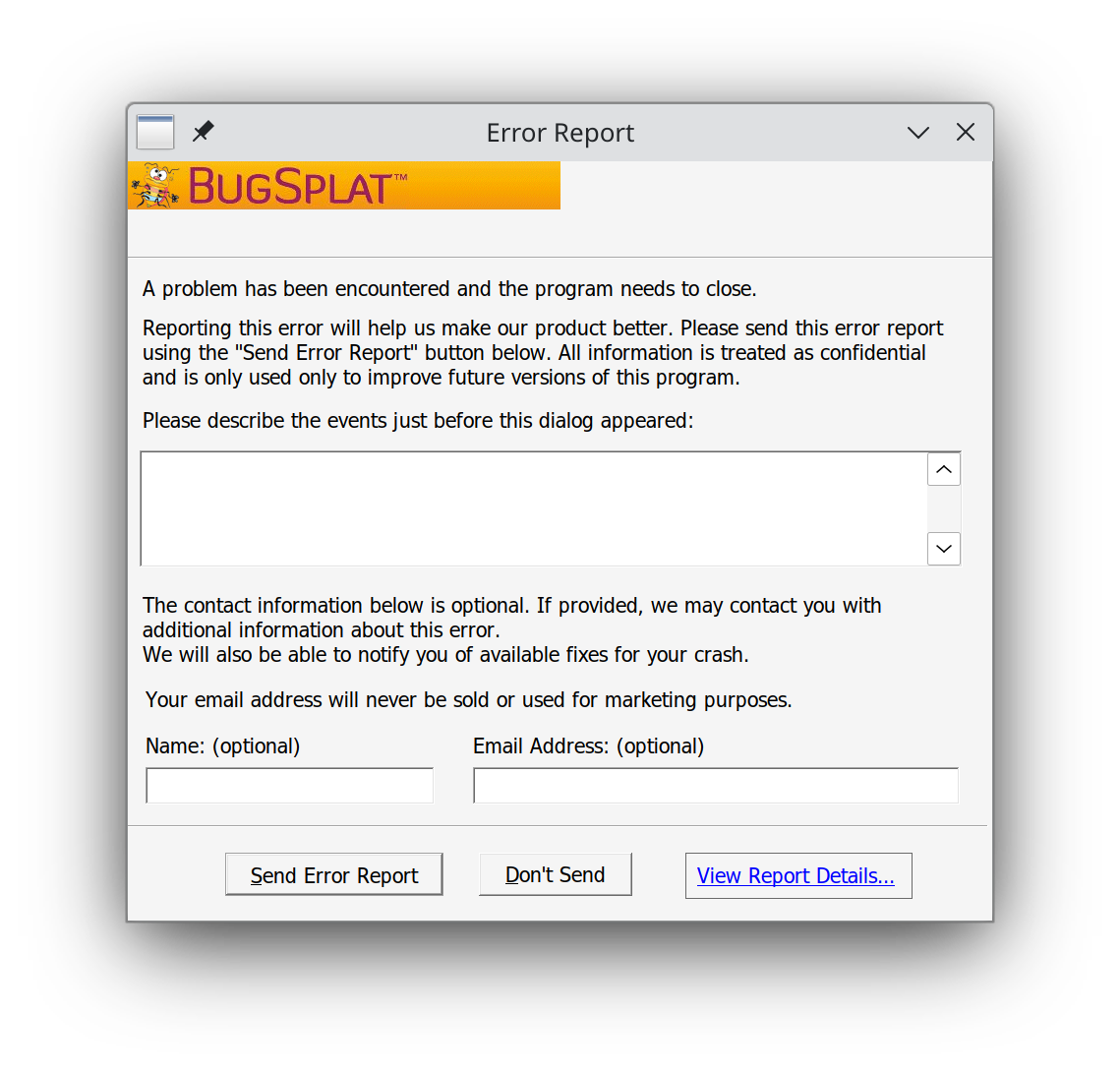Ошибка BugSplat при старте