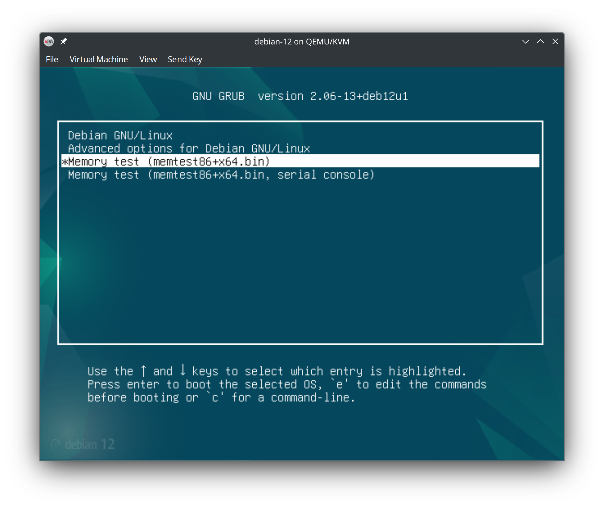 Опция Memtest86+ на установленном Debian